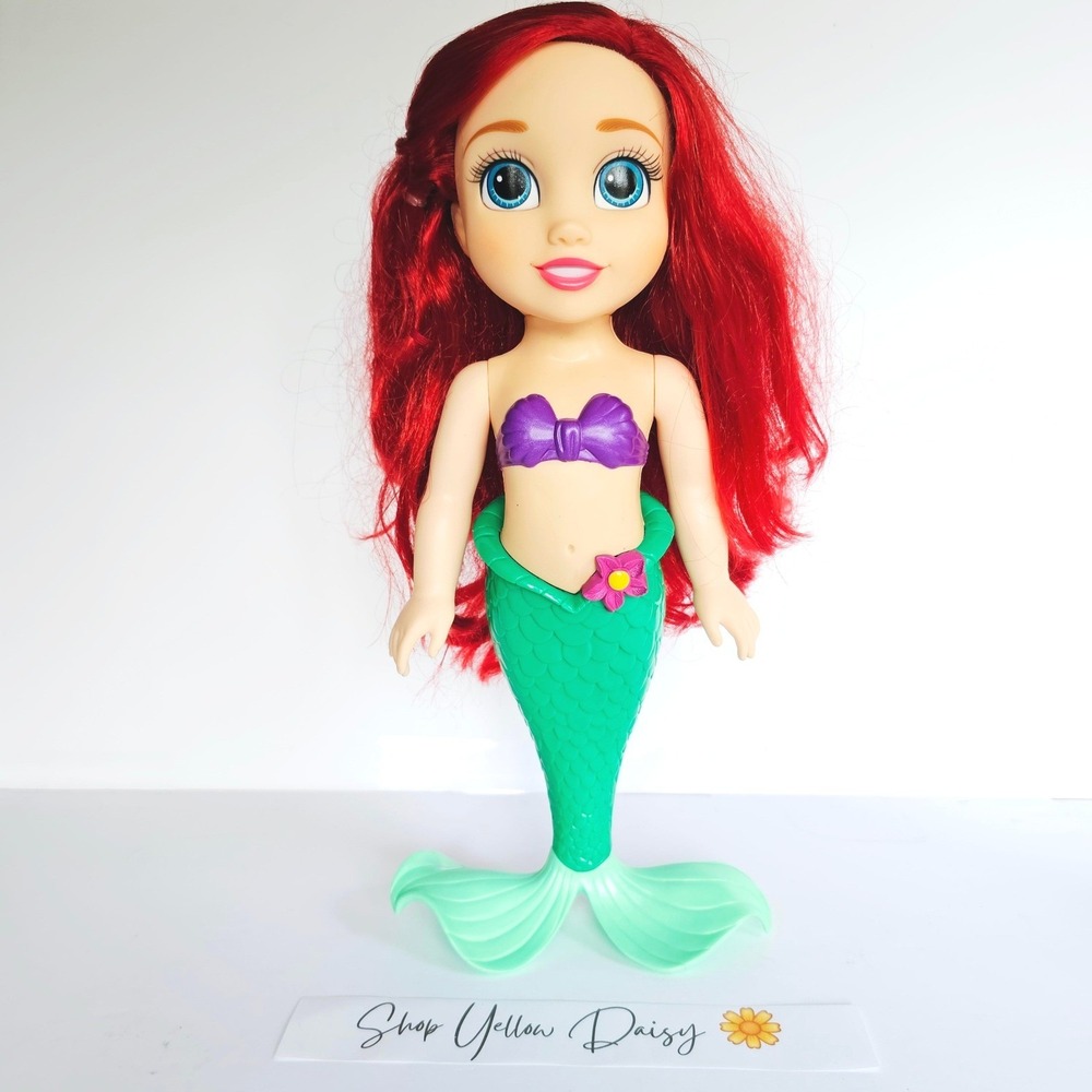 Disney Princess Ariel Mermaid Doll Bathtime 14" Red Hair Purple Shell Top Toy